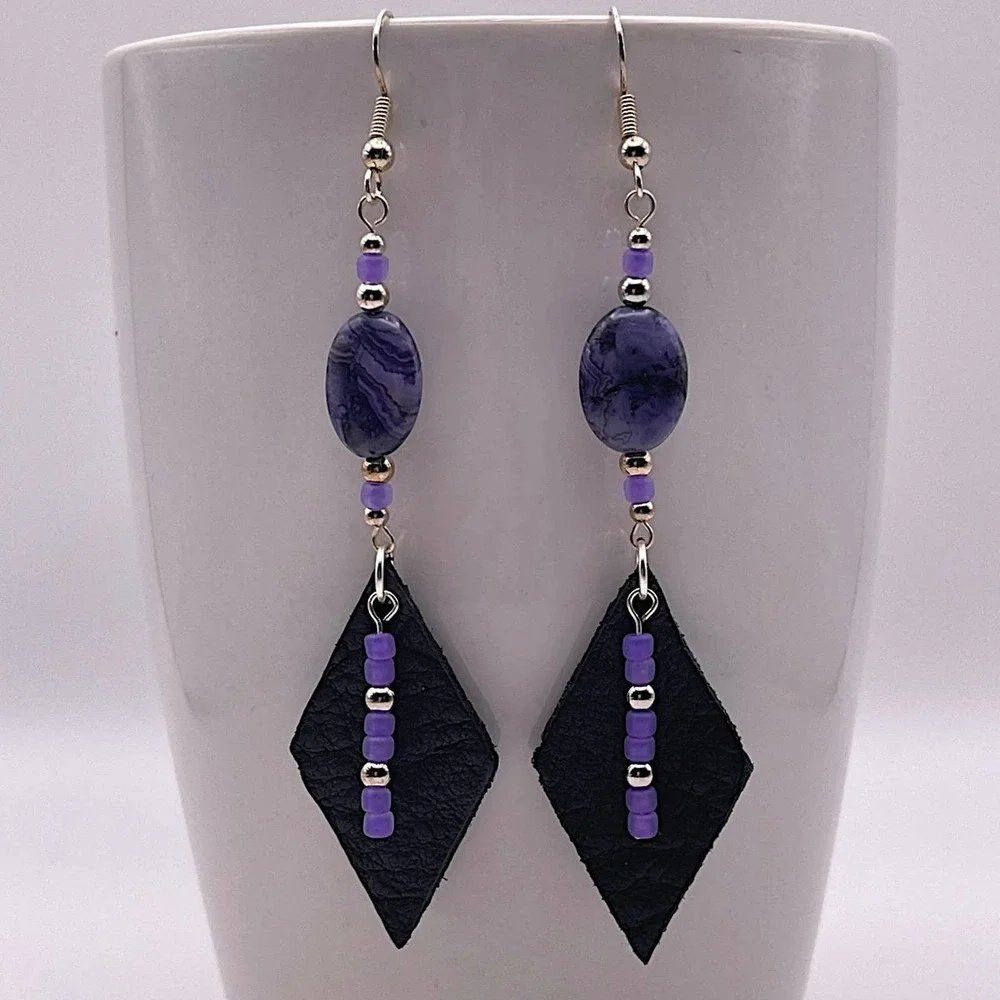 Leather Diamond Gemstone Dangle Earrings Purple Crazy Lace Agate Silver Beads